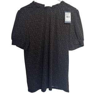 Adrianna Papell Medium Black Copper Metallic Ruffle Neck Blouse NWT